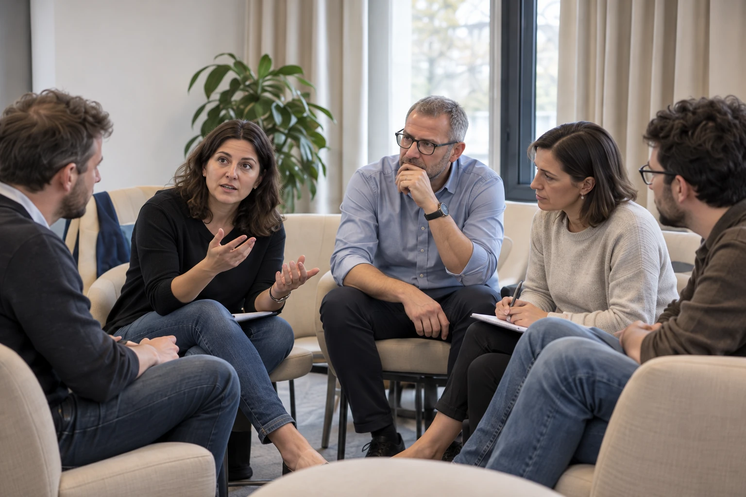 A participant brings a customer question to a case clinic. The group listens.