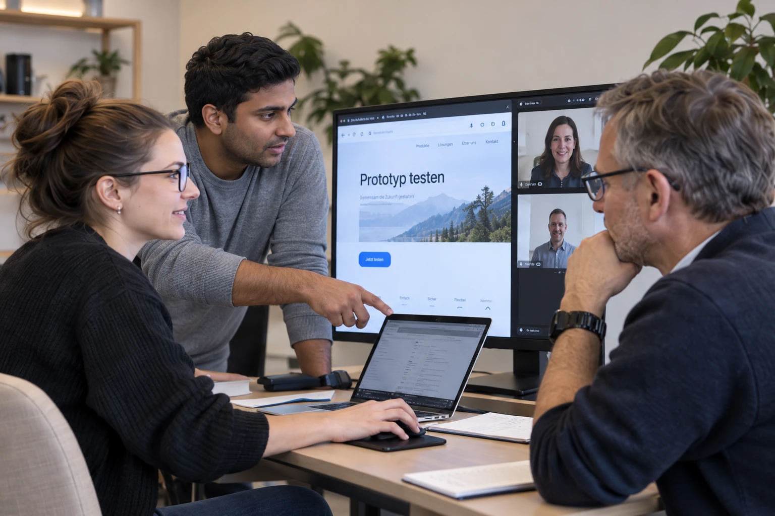 A team reviews a website prototype with two participants joining by video.