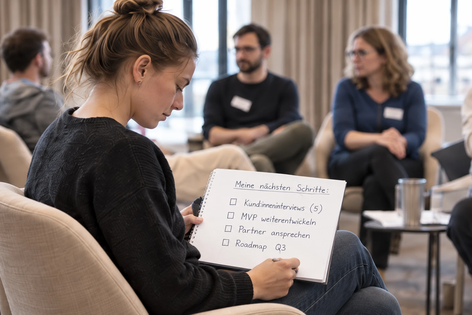 A founder records her next steps in a notebook, with other participants seated in a circle.