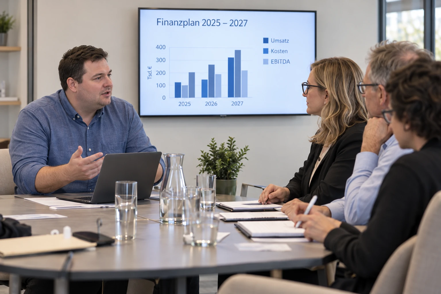 A founder explains his financial plan to a small group of investors.