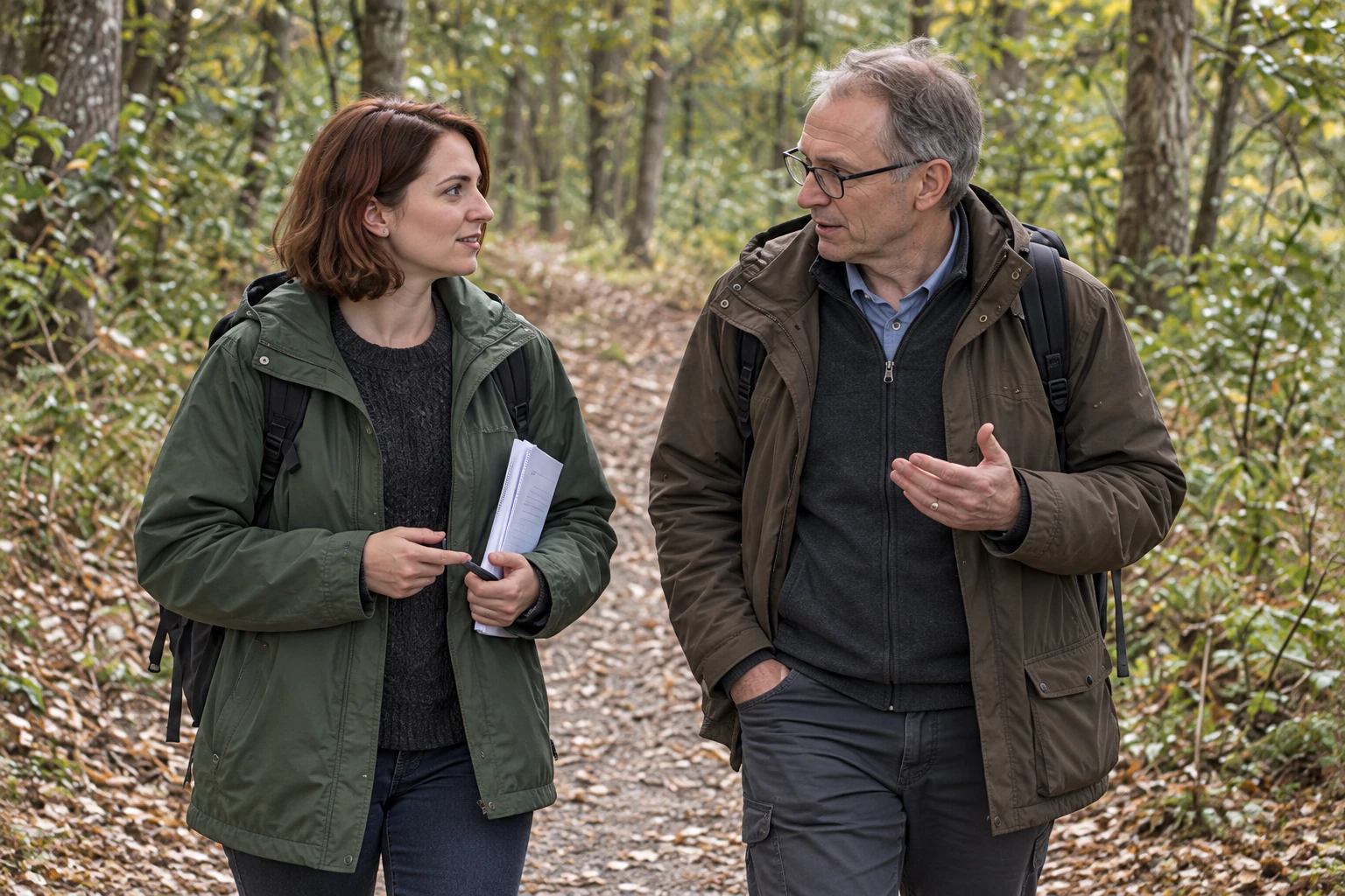 A young woman founder discusses her business model with an experienced mentor on a woodland walk.
