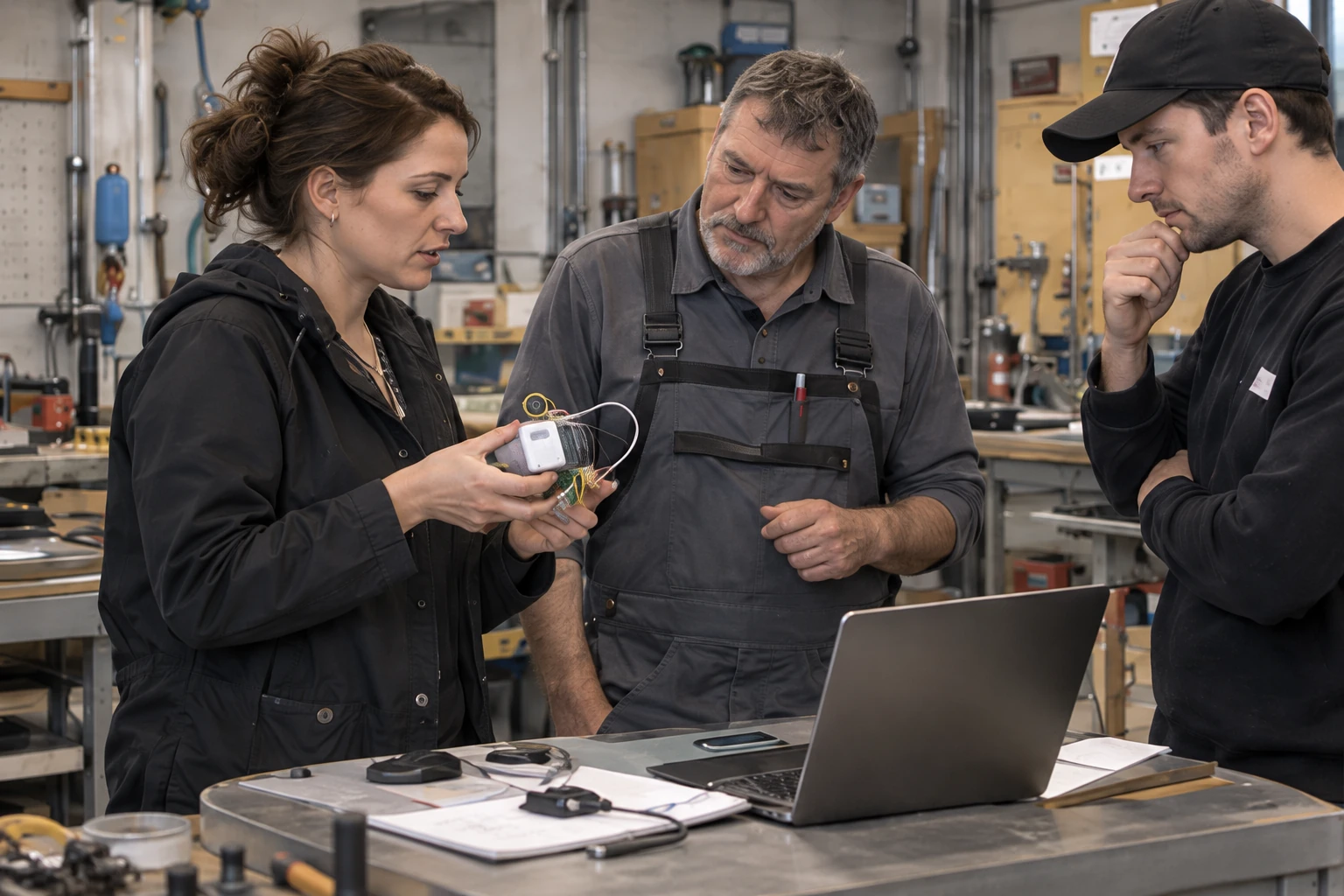 A founder checks a sensor prototype with two practitioners at a workbench.