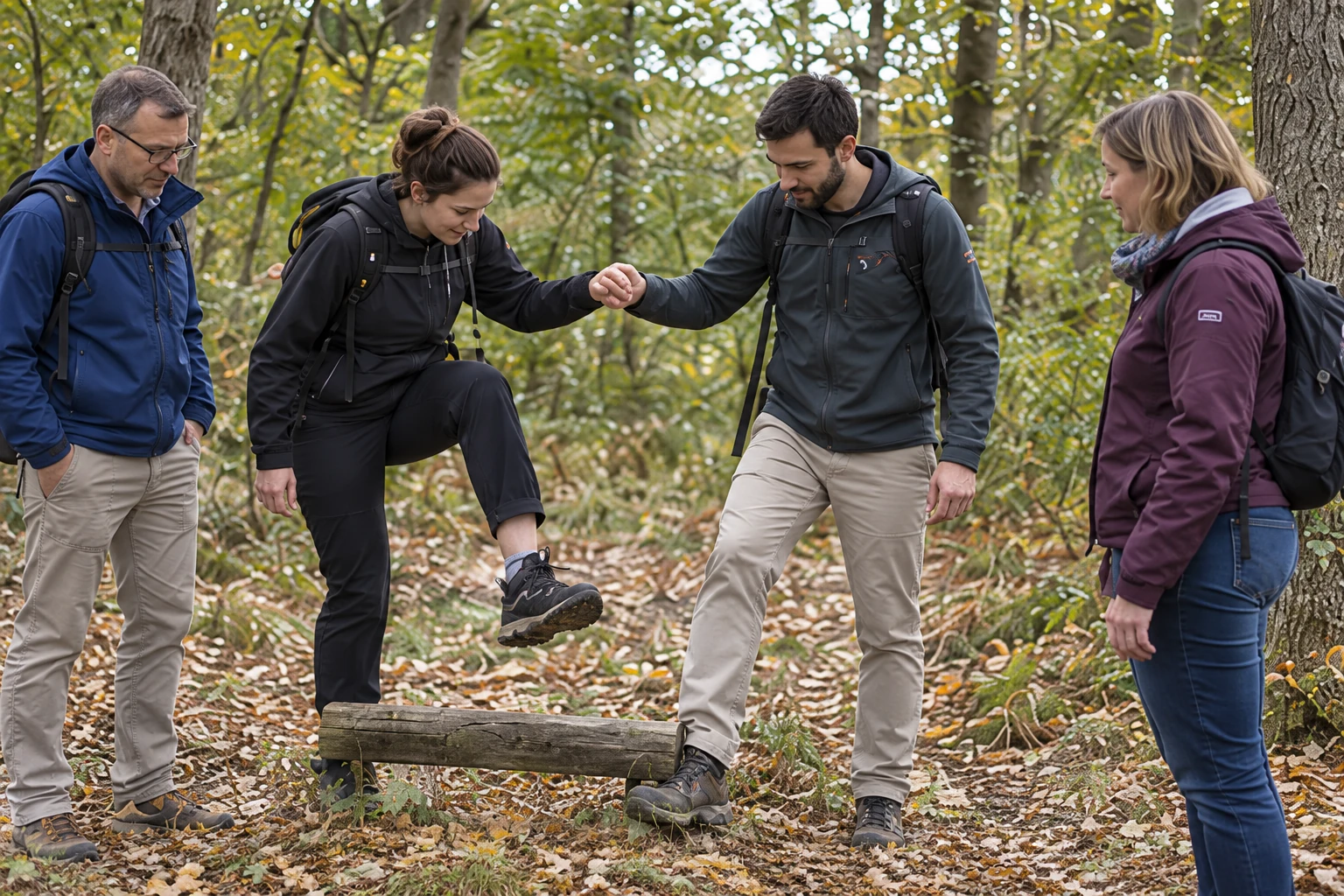 A group coordinates an outdoor balance task together.