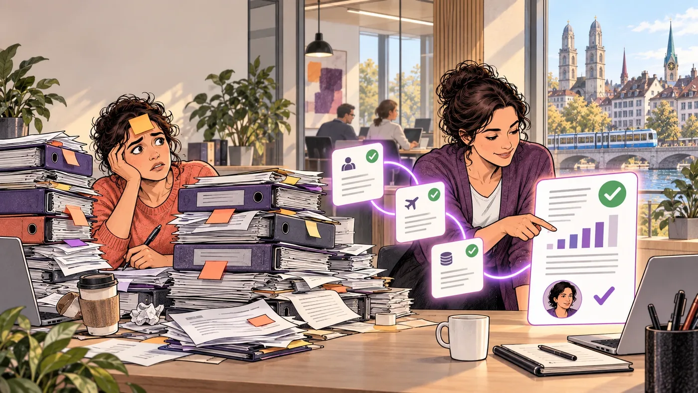 Comic: on the left, an exhausted colleague sits behind piles of binders with a sticky note on her forehead. On the right, a colleague points at a checked report with sources. Zurich with a tram and the river outside.
