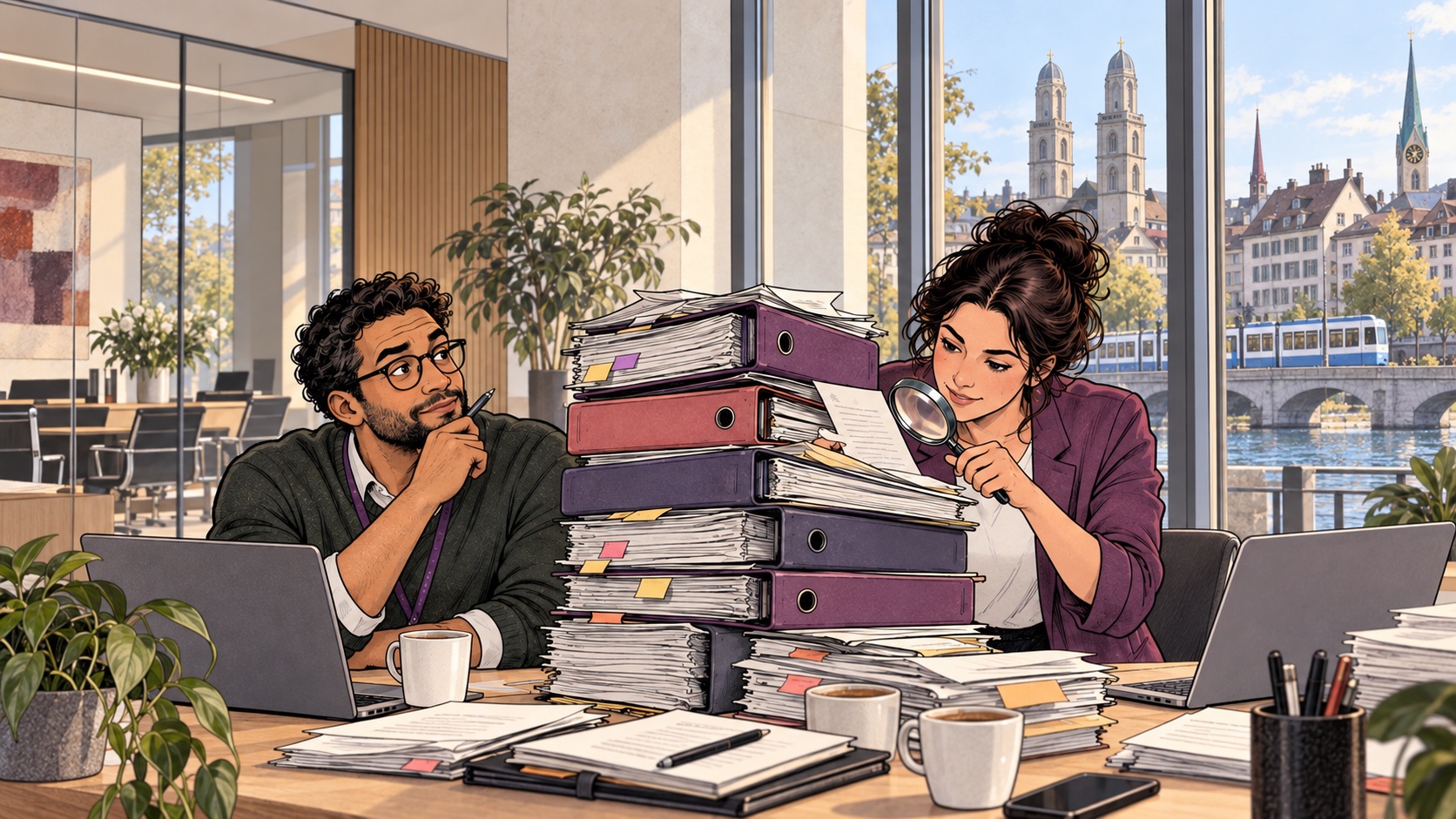 Compliance-Team prüft Akten in einem Zürcher Büro