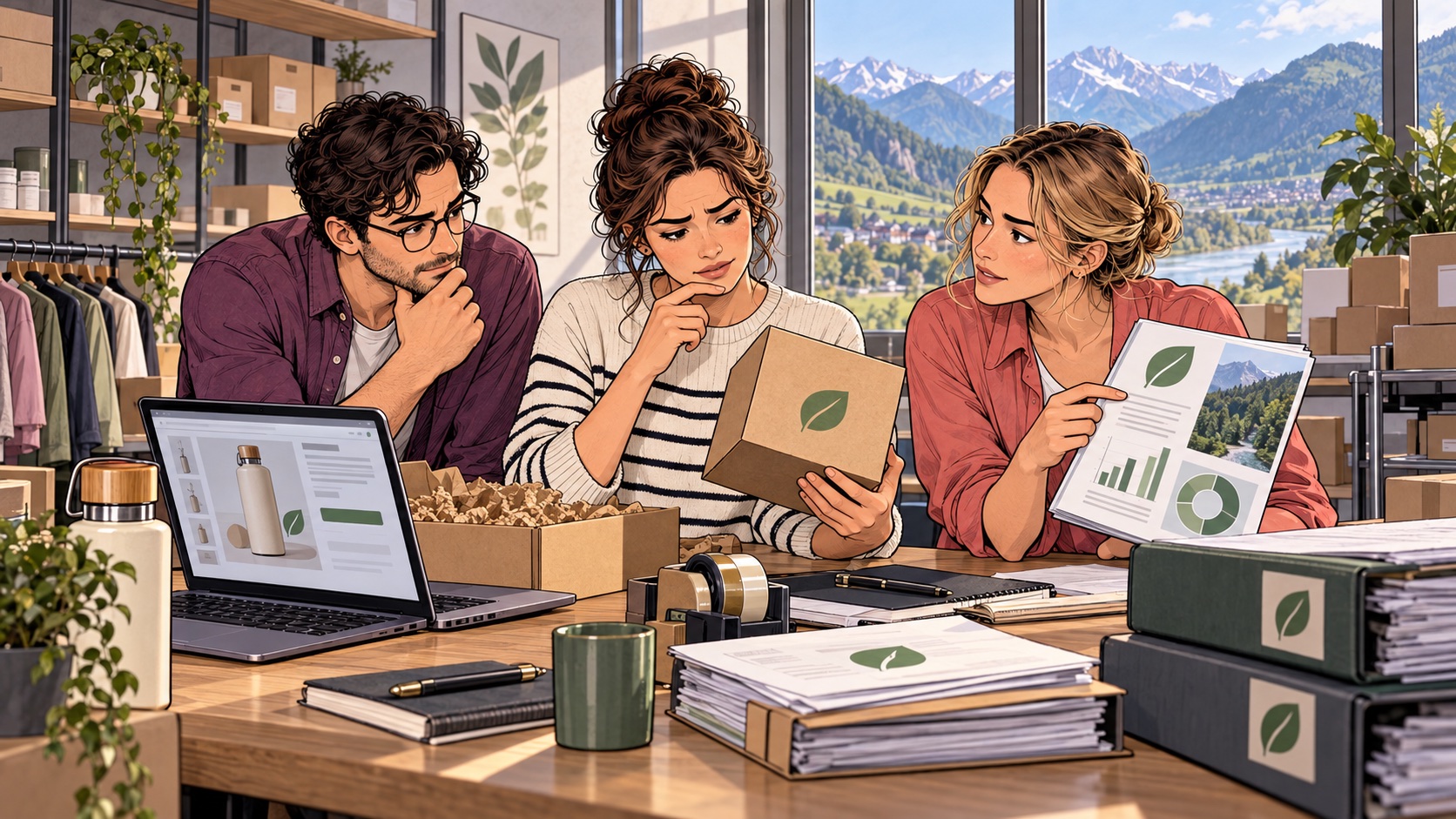 Team eines kleinen Online-Shops prüft Produkt und Nachhaltigkeitsunterlagen