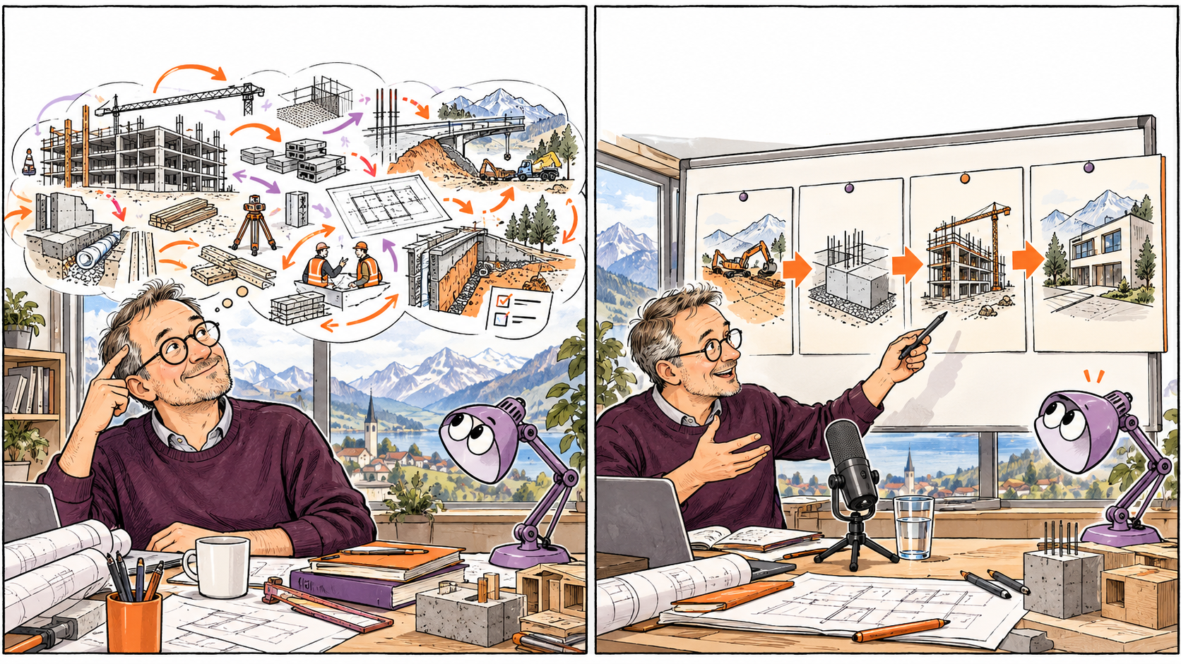 Comic: Der Bauexperte erklärt sein Erfahrungswissen; Aufnahme und vier Fragen machen es zu einer Arbeitsanleitung.