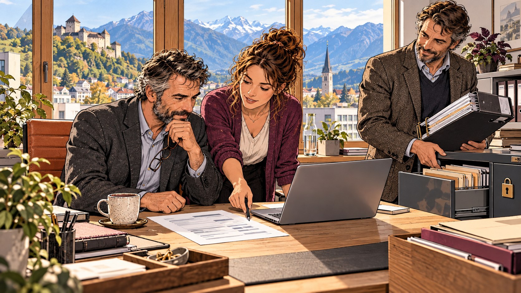 Two fiduciary professionals in a Vaduz office select documents for AI use